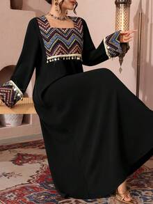 Al Najma Solid Color Patchwork Jacquard Fabric, Generous Collar Long Sleeve Loose Elegant Luxurious Dress, Decorated With Shell Tassel - Black - View 7