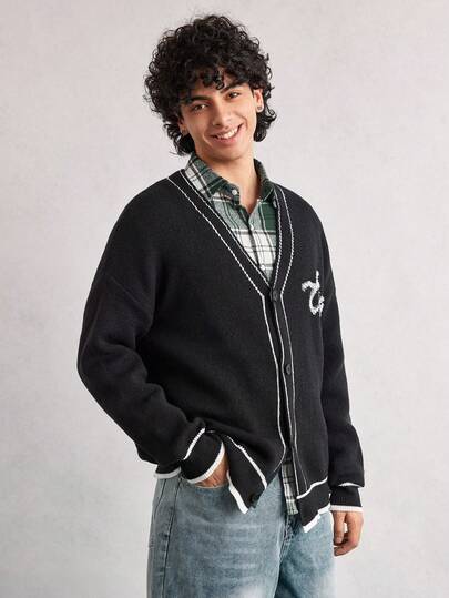 Open Phase Men's V-Neck Button Striped Knit Cardigan Jacket, Casual Loose Streetwear, Suitable For Spring, Autumn, Winter