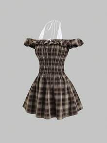 Sweetra Women's Halter Neck White Contrast Tie Bow Collar Delicate Off Shoulder Ruffle Hem Cute Plaid Print 2 In 1 Dress - Brown - View 6