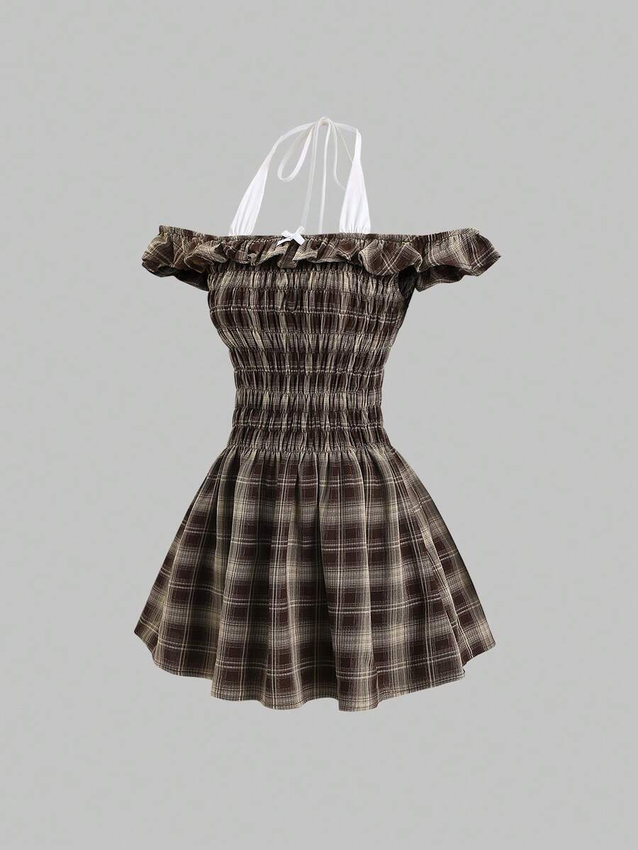 Sweetra Women's Halter Neck White Contrast Tie Bow Collar Delicate Off Shoulder Ruffle Hem Cute Plaid Print 2 In 1 Dress - Brown - View 1