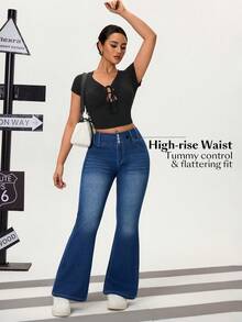 Flexra Women's Button Waist Pocket Design Flare Leg Casual Jeans - Medium Wash - View 5