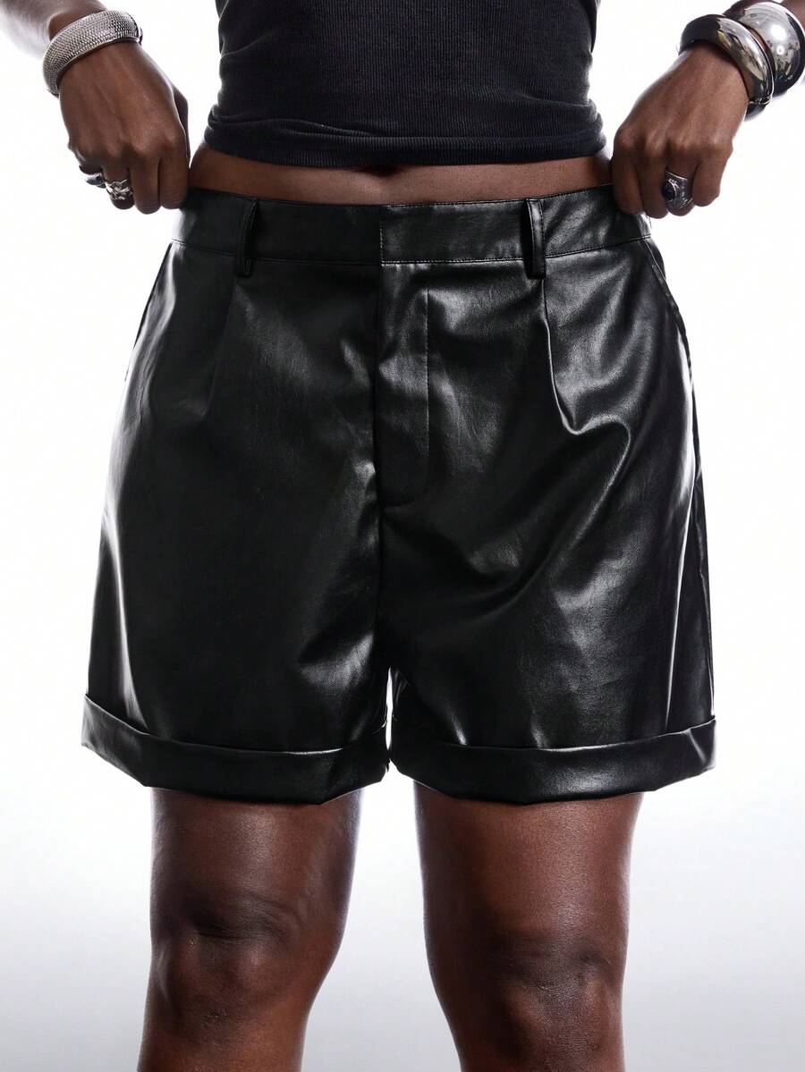 LYSMO 大码休闲纯色斜插口袋PU短裤，春秋季百搭 - 黑色 - 查看 1