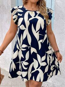 SHEIN VCAY Plus Size Round Neck Cap Sleeve Ruffle Hem Casual Loose Dress, Summer Dresses - Navy Blue - View 4