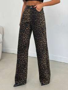 SHEIN Tall 100% Cotton MID RISE WIDEEG CUT LEOPARD TALL JEAN - Multicolor - View 3