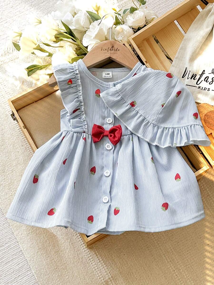 SHEIN Vintaside Kids Summer Newborn Baby Girl Apricot Round Neck Ruffle Cartoon Cherry Print Sleeveless Red Bow Dress With Red Hat Elegant And Cute - Blue - View 1