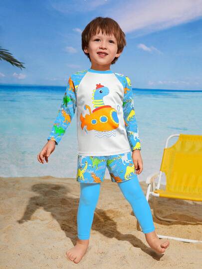 SHEIN Young Boys Swimwear,Boys' Swimsuit, Cute, Vacation, Casual Style, Blue Swimsuit, Cartoon Dinosaur Pattern Knitted Fabric, Long Sleeved Long Pants Sun Protection Swimsuit, Two-Piece Set, Top Long Sleeved Sun Protection, Bottom Long Pants With Square Pants Sun Protection, Fashionable And Casual, Exquisite And Gorgeous Ladies Suitable For Swimming, Suitable For Summer Vacation, Beach Beach, Swimming Pool, Summer Party Leisure Vacation Boy Swimsuit Set Long Sleeve Boys Rash Guard Set Cute Dinosaur Swimsuit For Kids Boy Beach Wear Dinosaur Two Piece Toddler Boy Swimsuit Boys Beach Wear
