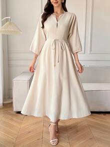 Vivie Lora Women's V-Neck Waist Cinched Midi Linen Dress, Vacation Style Sundress - White - View 4