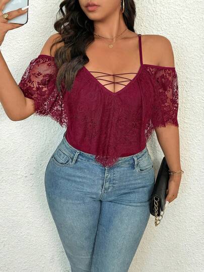 Elenzga Plus Size Women's Sexy Cold Shoulder Lace Trim Fitted Bodysuit, Summer