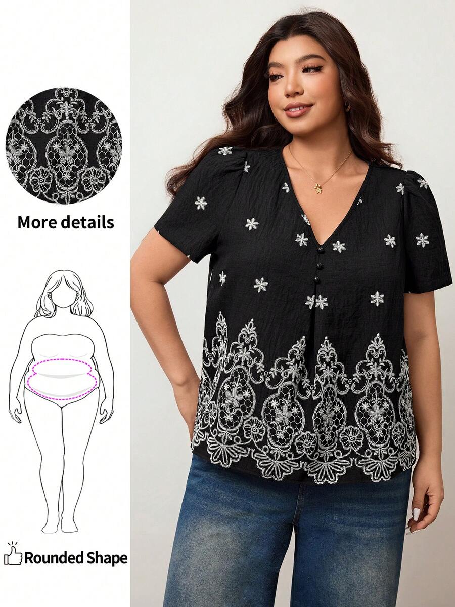 Enliva Blusa feminina plus size de manga curta com estampa floral e bordado falso, barra em formato A.