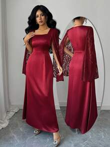 Elenzga 女士优雅蕾丝边收腰A字连衣裙，酒红色，适合春季和情人节约会的精致派对装扮 - 酒紅色 - 查看 3