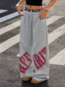 Muchica Women's Grey Letter Print Drawstring Waist Knit Casual Pants - Grey - View 4