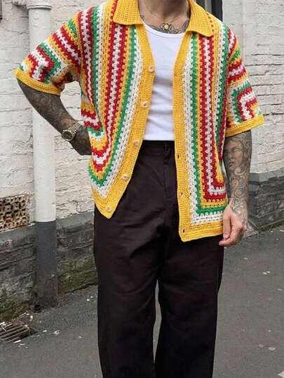 Manfinity Homme Men's Fashionable Minimalist Hollow-Out Knitted Short Sleeve Cardigan Hippie Clothes For Men Men Festival Outfit 70s Men Outfit Crochet Cardigan Men Crochet Shirt