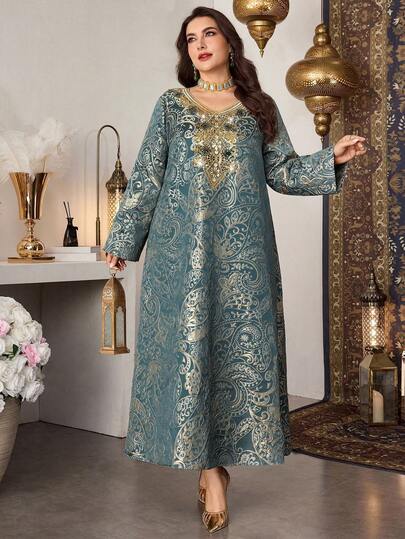 Al Najma Plus Size Women Jacquard Patchwork Beaded Embellished Elegant Party Arabic Style Dress