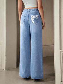 Selenza Women's Graphic Print Slant Pocket Casual Versatile Jeans Wide Leg Jeans Woman Jeans With Designs Flower Jeans Cowboy Pants For Women Cowgirl Jeans - Blue - View 5