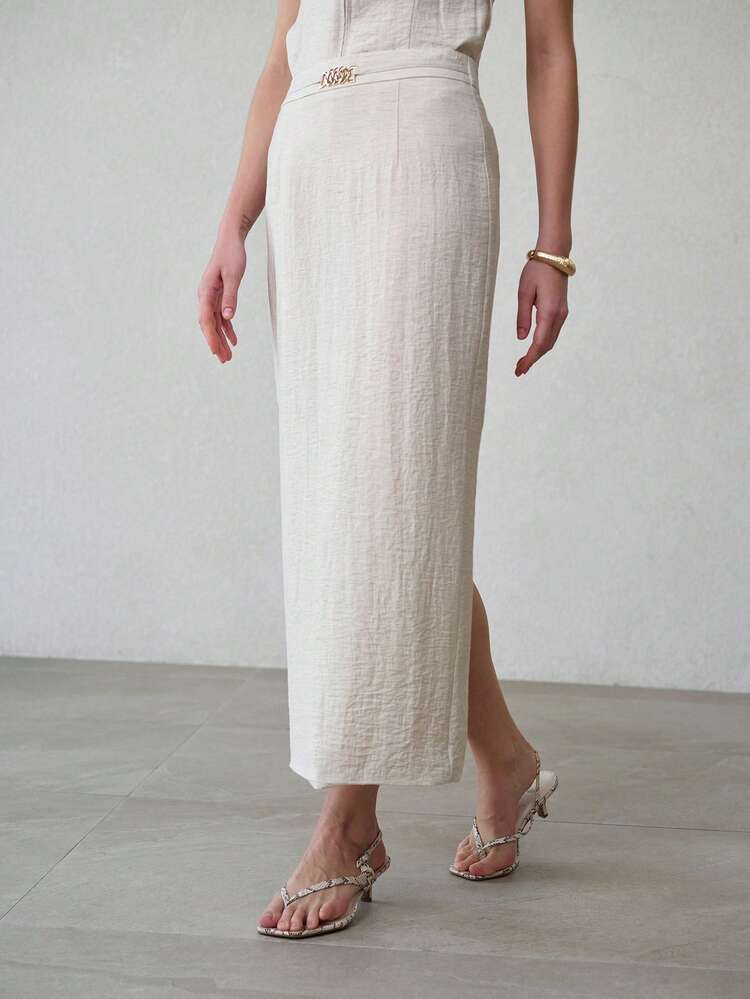 WOMEN'S LINEN METAL DECOR FITTED SLIT SKIRT, SPRING/SUMMER