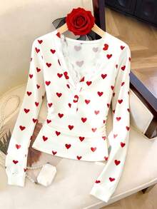 Franclia Áo thun nữ lãng mạn ngày Valentine với họa tiết trái tim, viền ren, cúc in màu trắng và đỏ, tay dài, xếp ly hai bên eo, thích hợp cho mùa đông, Giáng sinh, Năm mới, tiệc tùng, đi biển, thanh lịch. - Nhiều màu - Xem 3