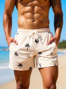 Manfinity Swimmode Pantalones cortos de playa con cintura elástica, cordón y bolsillo con estampado de palmeras para hombres - Albaricoque - Ver 3