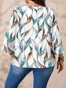 Mellowie Plus Size Women's Abstract Leaf & Geometric Print Casual Loose Fit Round Neck 3/4 Sleeve Blouse, Suitable For Vacation, Spring/Summer Spring - Multicolor - View 4