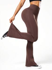 Seamluxe SHEIN Sport 女士纯色高腰无缝喇叭裤 - 咖啡棕 - 查看 5
