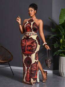 Slaydiva 2025 New Arrival Vacation Suitable For Spring & Summer, Orange Versatile Daily Casual All-Match Beach Halter Tie Waist Abstract Gradient Geometric Print High Slit One-Sided Slit Dress - Multicolor - View 9