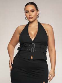 SHEIN BAE 大码女式黑色露背无袖吊带背心