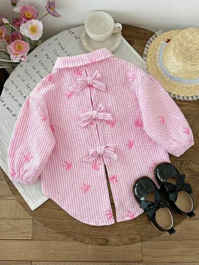 LMoss Kids LMoss   Baby Girl Woven Striped Casual Shirt Top Toddler Cherry Shirt Pink Shirt For Baby Baby Girl Peter Collar Shirt Toddler Bow Shirt Baby Girl Summer Shirt