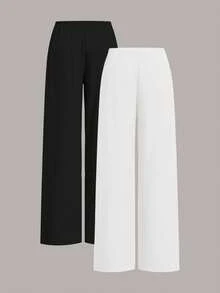 SHEIN EZwear 两色可选 女士休闲纯色阔腿针织裤 - 黑與白 - 查看 2