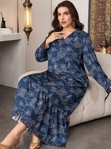 Al Najma Plus Size Women's Long Sleeve Blue Digital Print Ruffle Hem Elegant Arabic Style Maxi Dress, Spring/Summer