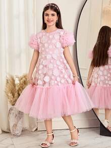 SHEIN Tween Girl Woven Mesh Floral 3D Ruffle Hem Casual Dress