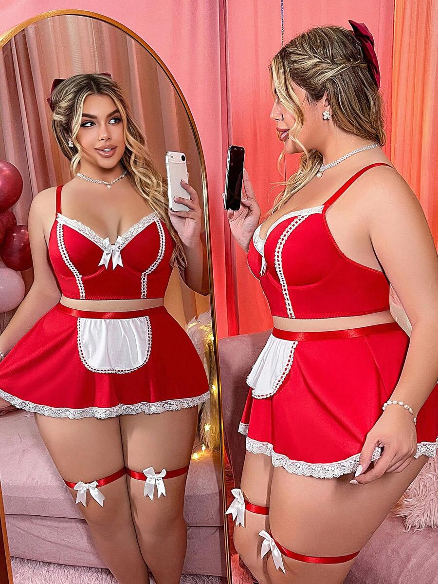 Fantasy Costume Bộ đồ lót cỡ lớn 5 món với chất liệu lụa sữa, ren, nơ trang trí và gọng nâng ngực, thích hợp cho ngày Valentine. - Đỏ và trắng - Xem 1