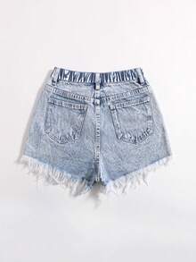 SHEIN ICON 夏季水洗无弹力休闲毛边短裤 - 淺色水洗藍 - 查看 2
