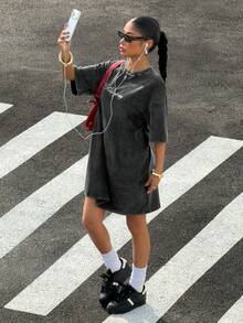 Muchica 女士复古水洗字母刺绣宽松短袖迷你连衣裙 - 黑色 - 查看 4