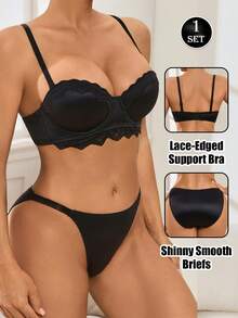 2 Pieces Set Women's Comfortable Solid Color Shiny Smooth Bra Flower Lace Scallop Trim Border Decoration Sexy Balcony Cup Steel Ring Instantlift Bra Lingerie Set - Black - View 4