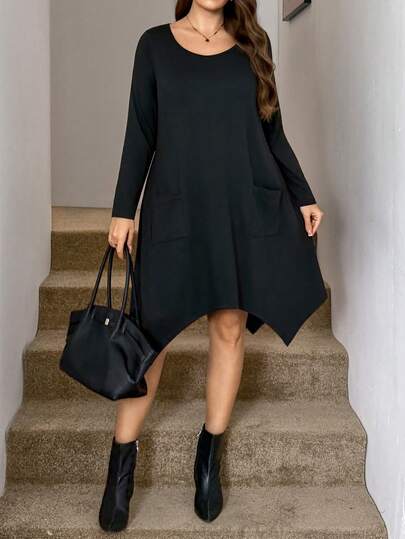 SHEIN LUNE Plus-Size Round Neck Long-Sleeved Dress With Pockets And An Asymmetrical Hem. Women'S Spring/Summer Clothing/Summer Dresses/Black Long-Sleeved Dress, Loose-Fitting Dress With Pockets, , Elegant Black Dress, Asymmetrical Hem Dress, Loose-Fitting Black Dress, Music Festival Outfit, Casual Vacation Wear.  Black Long Sleeve Dress Pocket Dress Loose Dress Casual Black Dress Black Classy Dress