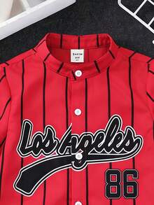 SHEIN 儿童夏季休闲条纹字母印花立领短袖衬衫，适合日常穿着、上学、旅行、运动、春夏季节穿着。 - 紅色 - 查看 4