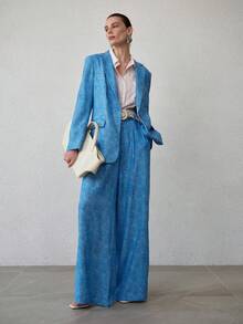 MOTF PREMIUM 女士亚麻宽松牛仔印花长袖西装外套，春夏款 - 藍色 - 查看 4