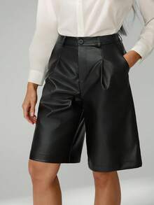 SHEIN Tall Fashionable Versatile Solid Color Loose Shorts - Black - View 2