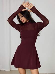 SHEIN PETITE 女士性感网纱拼接拇指孔迷你连衣裙，秋季款 - 酒紅色 - 查看 7