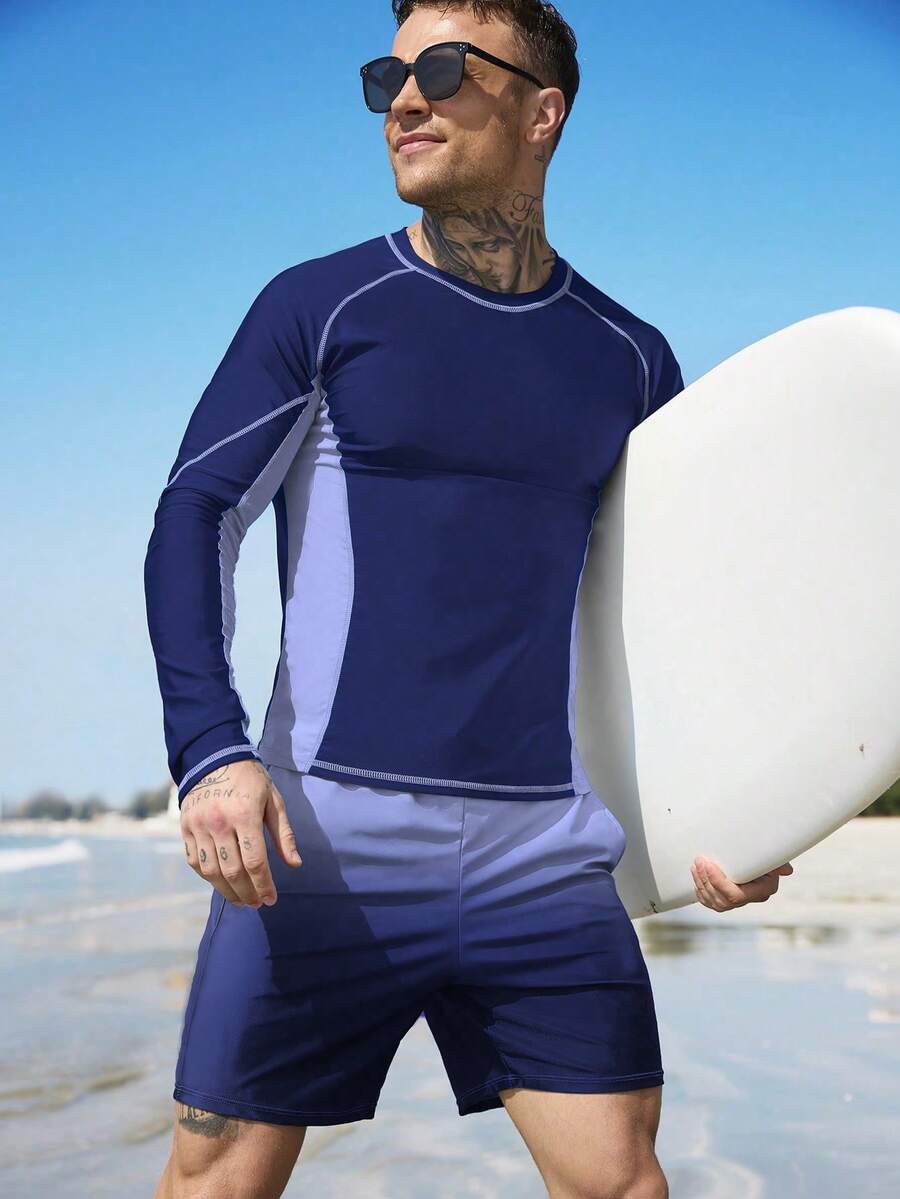 Manfinity Swimmode Men's Beach Vacation Casual Long Sleeve Top & Shorts 2 Pieces Set - Dusty Blue - View 1