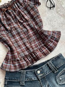 Attitoon Off-Shoulder Ruffle Trim Plaid Blouse, Cute Women Top, Brown - Brown - View 3