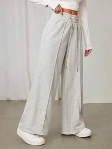 SHEIN PETITE Quần nỉ ống rộng cạp chun màu trơn, thích hợp cho lễ tốt nghiệp, trang phục tựu trường, lễ tốt nghiệp, trang phục giáo viên dành cho nữ, tựu trường. - trắng - Xem 2