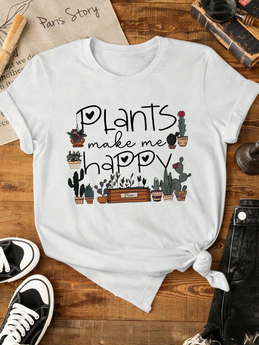EMERY ROSE Plants Make Me Happy Cactus & Succulent Print Casual Round Neck Short Sleeve T-Shirt - White - View 1