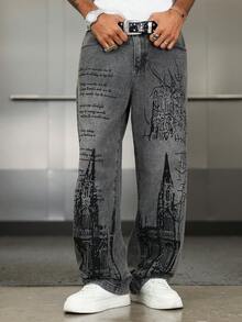 Manfinity EMRG Premium Washed Black & Gray Print Wide Leg Jeans - Black - View 7