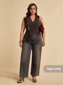 SHEIN BAE Áo tank top nữ cỡ lớn màu nâu, vạt áo bất đối xứng, trang trí khóa kim loại, gợi cảm, phù hợp cho đi chơi hàng ngày, đi làm, thư giãn, trà chiều, mùa hè, áo dễ thương, áo hè dễ thương, phong cách Boho, kỳ nghỉ, du lịch - màu nâu - Xem 4