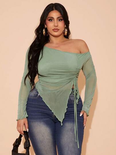 SHEIN BAE Blusa elegante de talla grande para mujer con cordón lateral de malla para fiesta de verano y cumpleaños