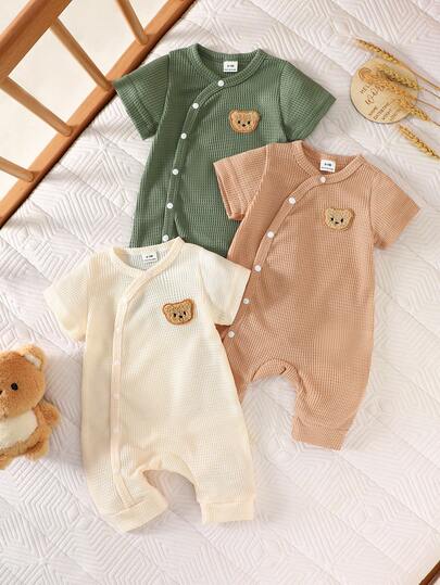 SHEIN Summer Newborn Baby Boy Apricot Brown Green Front Open Short Sleeved Teddy Bear Embroidered Jumpsuit 3 Pieces Set Suitable For Giving Away Baby Waffle Knit Romper Baby Romper Bear Baby Bear Clothes Neutral Baby Clothes Unisex Baby Casual Romper