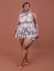 CurvyTilda Plus Size Summer Fashion Tie-Dye Print Ruffle Hem Romper, 2026 New Year, For Hourglow & Hourglass Body Shape - Multicolor - View 6