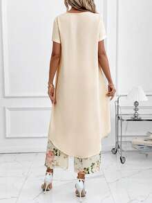 SHEIN Clasi 女士夏季休闲纯色裹身上衣和印花长裤两件套 - 彩色 - 查看 2