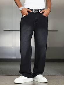 Manfinity EMRG Men's Casual Distressed Patchwork Design Washed Black Straight Leg Wide Jeans - Black - View 7