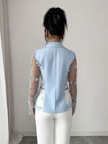 Elenzga Elegant Light Blue Sheer Blazer With 3D Floral Lace Design - Blue - View 2